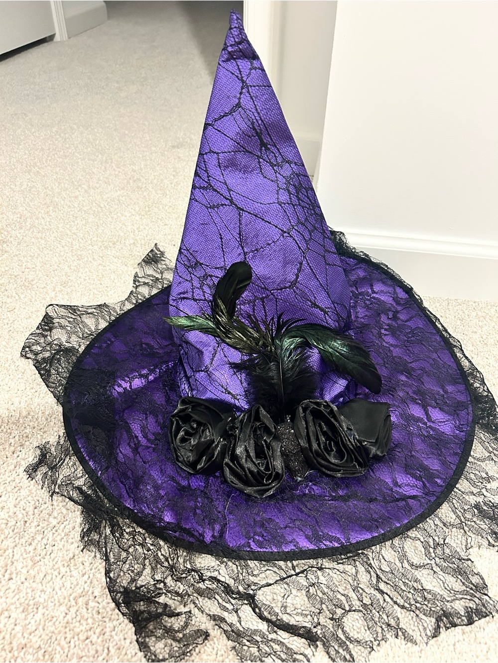 Purple Witch Hat with Black Lace and Feathers - Party Decoration